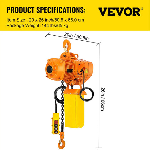 Heavy Duty 1 Ton Chain Hoist, Single Phase Electric Motor With Double G80 Mount Chain And Pendant Control dimensions 20 x 26 inches.
