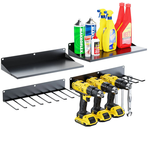 Two Pack Power Tool Drill Holder Wall Mount Organizer Rack Set Heavy Duty Steel Garage Storage For Batteries Bits And Accessories