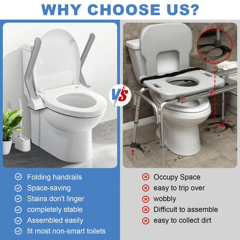 Comparison image of Heavy Duty Toilet Safety Rails For Seniors Featuring Rock Solid Stainless Steel Handles versus a traditional toilet safety frame.
