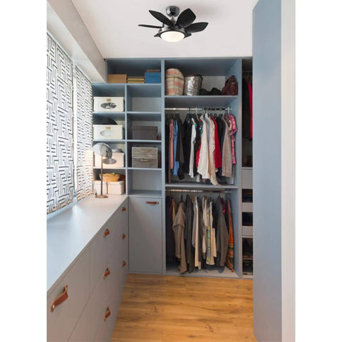Quince 24 Inch LED Ceiling Fan With Light In Gun Metal Finish in small closet, reversible blades, dimmable LED with opal glass