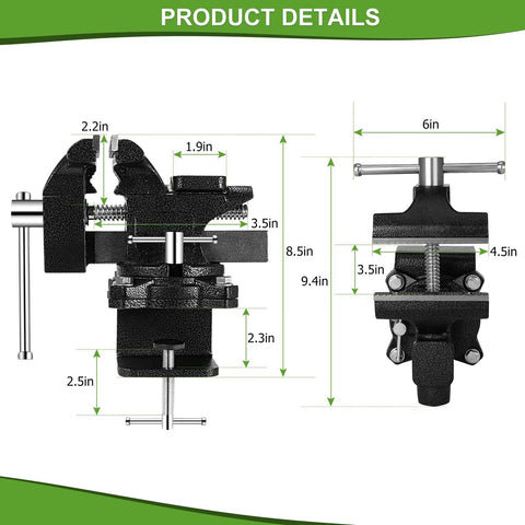Shop Beast 4.5 Inch Bench Vise With Zero Drill Clamping Base For Workbenches Ninja Grip Table Vice For Garages Shops DIY Projects And Auto Repair dimensions showing key sizes.