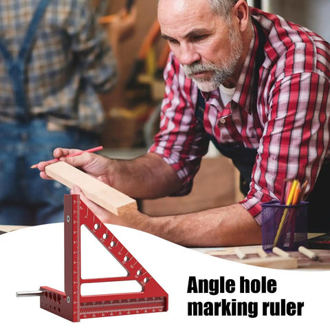 Woodworker using Multi Angle Measuring Ruler For Hole Positioning And Precision Marking In Woodworking With Aluminum Alloy Rust Resistant Build Burr Free Edges Handy Pro Grade Tool For Quick Setup And Accurate Cuts
