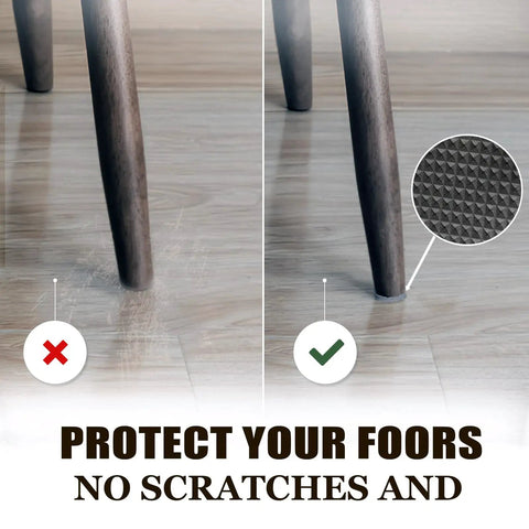 Chair legs on floor with Non Slip Furniture Pads 16 Pack Two Inch Grippers; scratch-free surface shown with rubber feet protection.