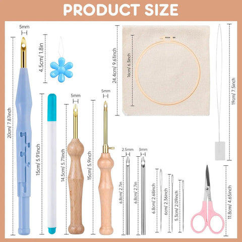 Punch Needle Kit For Beginners With Wooden Handle Tools, Adjustable Punch Needle Pen, Embroidery Hoops, Cloth, Scissors, Needles