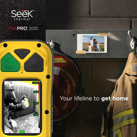 Handheld Thermal Imaging Camera With 200x150 Resolution And Built In LED Flashlight See Through Smoke And Detect Hot Spots Fast 25 Hz Temperature Imaging For Firefighters And Emergency Responders Go To Gear For The Crew with firefighter gear in background