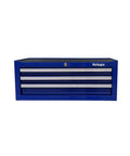 Front view of Industrial 3 Drawer Portable Metal Tool Chest Cabinet 26 Inch Heavy Duty Mid Size Steel Tool Storage Box With Ball Bearing Drawer Slides Central Cam Lock Non Slip Liners Blue.