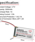 ESP32 LoRa V3 Development Board With 3000mAh Battery And 915MHz Antenna battery specifications with dimensions and voltage details