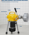 Pro Grade 500W Drain Cleaning Machine With Auto Feed Sewer Snake Auger And 66Ft Carbon Steel Cable To Blast Away Stubborn Clogs And Grease Buildup At Home, showcasing yellow body, handle, and auto feed knob.