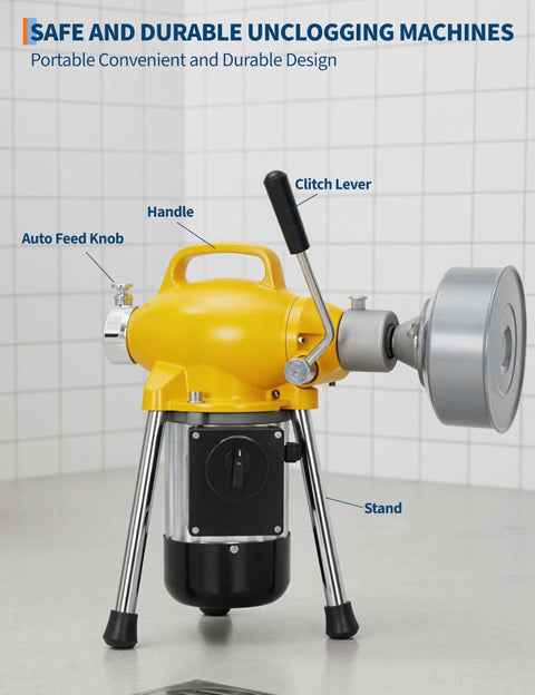 Pro Grade 500W Drain Cleaning Machine With Auto Feed Sewer Snake Auger And 66Ft Carbon Steel Cable To Blast Away Stubborn Clogs And Grease Buildup At Home, showcasing yellow body, handle, and auto feed knob.