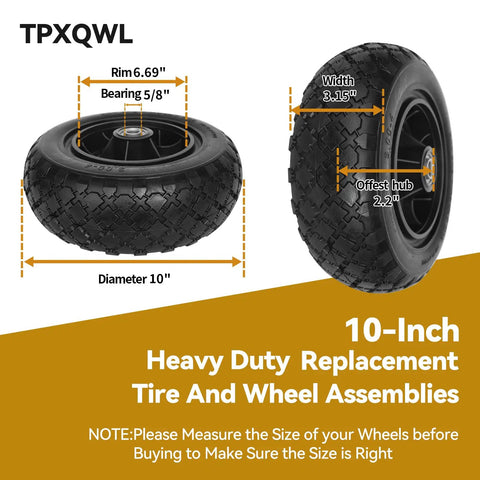Flat Free Ten Inch Tire And Wheel Assembly With Three Point Zero Zero To Four Tire Size, Five Eighths Bearings, Offset Hub
