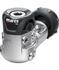 Close-up of Dual 15X Scuba Regulator Set with first and second stage regulators, showing yoke connector for easy, reliable deep sea dives.