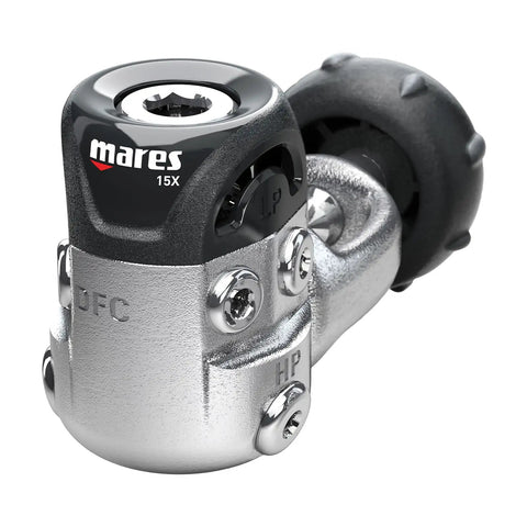 Close-up of Dual 15X Scuba Regulator Set with first and second stage regulators, showing yoke connector for easy, reliable deep sea dives.