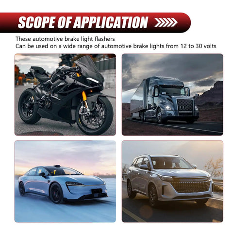 Four vehicles demonstrating the scope of application for Two Pack Hella Noticeable Strobe Flasher Module For Led Brake And Tail Lights Universal 12V 24V Rapid Blink Controller For Car Whip Truck And Motorcycle Black.