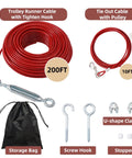 Heavy Duty 200 Ft Dog Runner With 10 Ft Tie Out Cable For Big Dogs Up To 250 Lbs Safe Zip Line For Backyard Park And Camping Use Red Vinyl Coated Stainless Steel shown with accessories