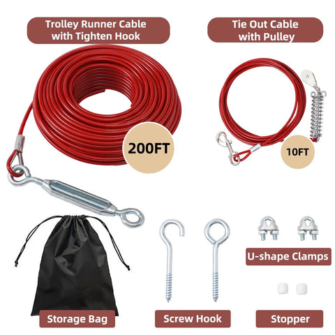 Heavy Duty 200 Ft Dog Runner With 10 Ft Tie Out Cable For Big Dogs Up To 250 Lbs Safe Zip Line For Backyard Park And Camping Use Red Vinyl Coated Stainless Steel shown with accessories