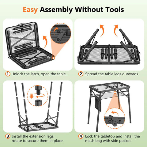 Portable Folding Grill Table With 3 Level Adjustable Height for Outdoors, showing step-by-step assembly instructions.
