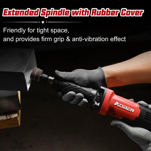 Extended spindle 1/4 inch electric die grinder pulling 28000 RPM with rubber grip handle for metal grinding.