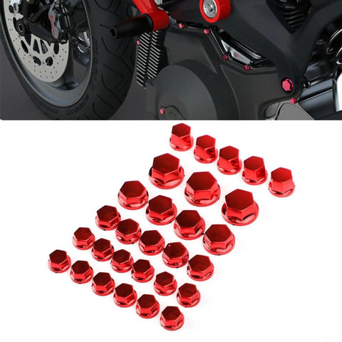 Red ABS Electroplated Hexagon Socket Screw Covers For Motorcycle 30 Piece Set in Five Sizes displayed with use on bike