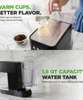 Premium Twenty Bar Espresso Maker With Built In Milk Frother And One Point Eight Quart Removable Tank showing water tank and warm cups.