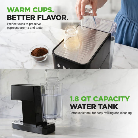 Premium Twenty Bar Espresso Maker With Built In Milk Frother And One Point Eight Quart Removable Tank showing water tank and warm cups.