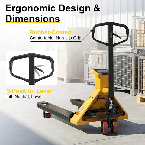 Heavy Duty Electric Pallet Jack Truck Weigh Scales Built In 5500 Lbs Capacity With Big 45 Inch Forks showing ergonomic handle and 3-position lever.