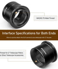 2 Inch T2 Focal Telescope Camera Adapter II For SLR And DSLR Cameras, all-metal M42 T mount with grooved design, dual-thread interface.