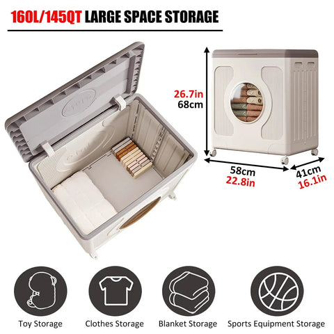 Super Roomy Foldable Storage Bin With Secure Lid And Smooth Rolling Wheels Heavy Duty Plastic Closet Organizer 160 Liter open top view with clothes and blankets inside.