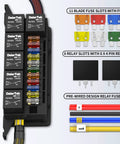 12V Fuse Relay Box With 6 Relays And 11 ATC And ATO Fuses, Prewired for automotive and marine use, showing fuse slots and relays