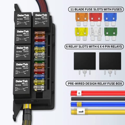 12V Fuse Relay Box With 6 Relays And 11 ATC And ATO Fuses, Prewired for automotive and marine use, showing fuse slots and relays