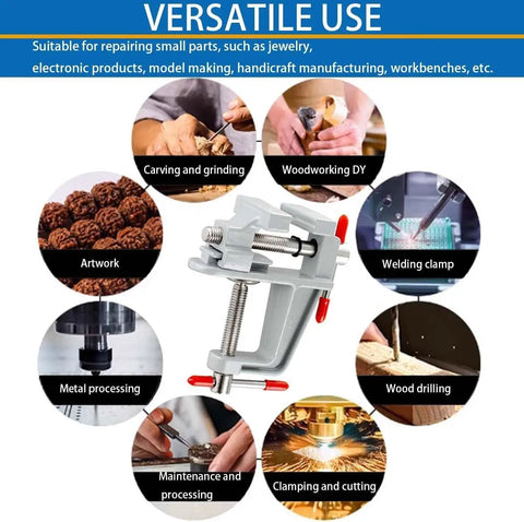 Image of Dope Portable Table Clamp Vise for DIY Projects showing versatile uses in crafting and woodworking with visual examples.