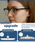 Top Shelf Screw In Silicone Nose Pads For Glasses 9 Pair Replacement Kit showing a woman wearing glasses with new nose pads for comfort.