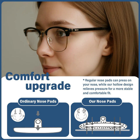 Top Shelf Screw In Silicone Nose Pads For Glasses 9 Pair Replacement Kit showing a woman wearing glasses with new nose pads for comfort.