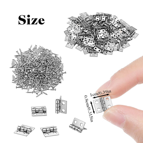 Image showing 100 Pcs Mini Hinges Set With 400 Screws 10x8mm Silver Butt Hinges for Jewelry Boxes Dollhouses Chest Cabinets and DIY Crafts.