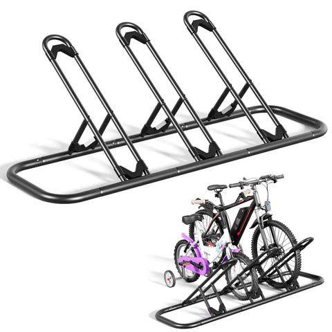 Bike Floor Storage Rack For Garage And Outdoor Parking, Sturdy Steel Stand With 3 Slot Wheel Holders, Anti Scratch Powder Coated Finish