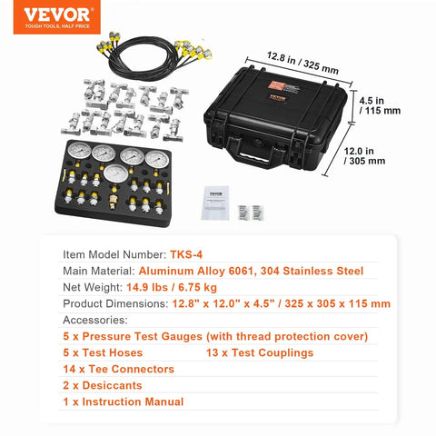 Hydraulic Pressure Test Kit With Five Gauges Thirteen Test Couplings Fourteen Tee Connectors Five Test Hoses And Tough Carrying Case For Excavators And Construction Machinery Pro Grade Multi Range 0 To 600 Bar And 0 To 10000 Psi
