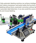 No-Nonsense Fully Automatic Round Bottle Labeling Machine Featuring Intuitive Touch Screen Controls And Smart Photoelectric Sensors for precise labeling on a conveyor system.