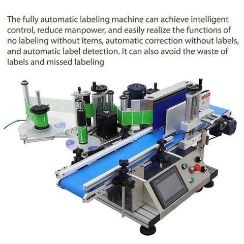 No-Nonsense Fully Automatic Round Bottle Labeling Machine Featuring Intuitive Touch Screen Controls And Smart Photoelectric Sensors for precise labeling on a conveyor system.