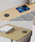 Flush Mount Desk Power Grommet With Two Outlet Jacks And Four USB Ports Including Dual PD Fast Chargers Plus HDMI Connectivity And A Low Profile Plug For Office Desks And Cabinets A Straight Up Game Changer For Slick Workspace Organization installed on a wooden desk with a tablet charging.