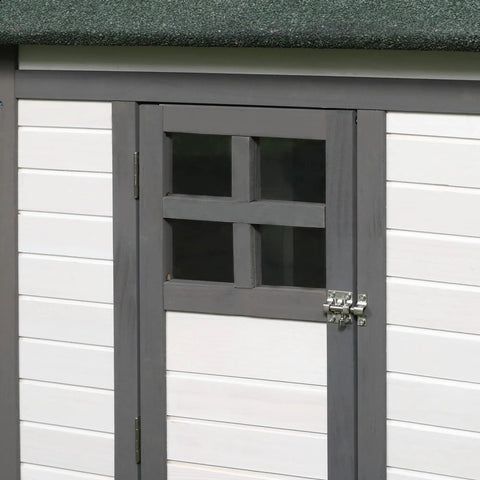 Gray door with window and latch on 77 Inch Wooden Chicken Coop With Nesting Box And Removable Tray Outdoor Hen House