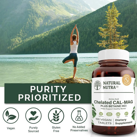 Front view of Natural Nutra Chelated Calcium Magnesium 1000 to 500 Mg with Betaine HCl, 100 vegan tablets, in scenic background.