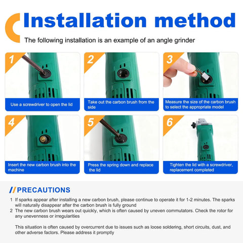 Installation method and steps for 60 Pcs Electric Motor Carbon Brushes Set By Size For 10 Models Power Tool Replacement Parts with precautions.