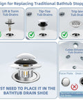Universal Pop Up Bathtub Drain Stopper And Hair Catcher Features Smart Filter Basket shown installed in various tub drain types.