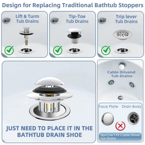 Universal Pop Up Bathtub Drain Stopper And Hair Catcher Features Smart Filter Basket shown installed in various tub drain types.