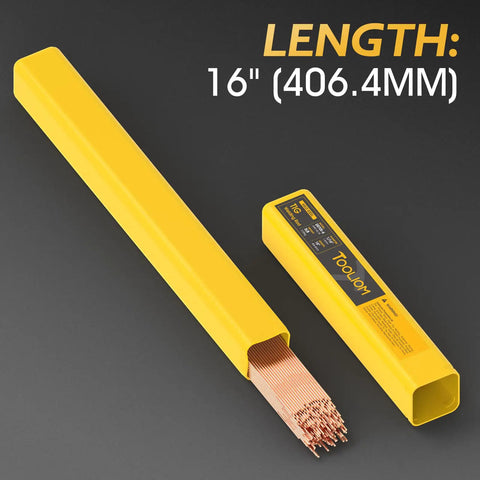 ER70S-6 Mild Steel TIG Filler Rod 1/16 In x 16 In Copper-Coated Welding Wire, 5 Lb Pack, visible in yellow packaging