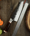 Beast Mode 7 Inch Meat Cleaver For Kitchen Prep, Chef Grade Forged Steel 5Cr15Mov Blade on wooden surface with measuring scale