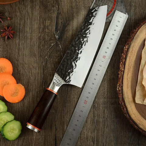 Beast Mode 7 Inch Meat Cleaver For Kitchen Prep, Chef Grade Forged Steel 5Cr15Mov Blade on wooden surface with measuring scale