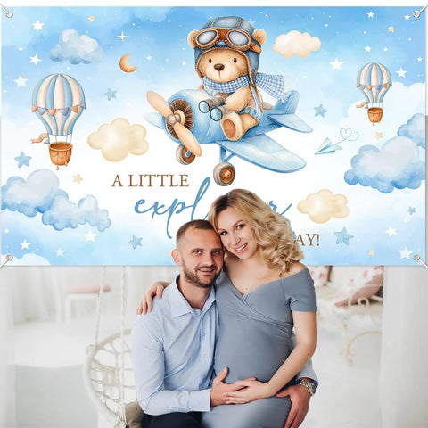 Airplane Baby Shower Banner With Little Explorer Vibe And Hot Air Balloons Boy Shower Backdrop 6 By 3 Point 6 Ft Photo Background