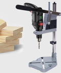 Universal Drill Press Adapter For Hand Tools, Adjustable Benchtop Conversion Stand with drill and wooden blocks.