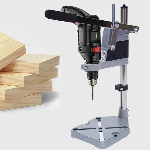 Universal Drill Press Adapter For Hand Tools, Adjustable Benchtop Conversion Stand with drill and wooden blocks.