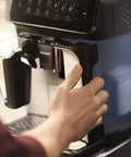 Close-up of Fully Automatic Espresso Machine With Killer LatteGo Milk Frother And True One Touch Cappuccino Setup For Straight Up Home Coffee Perfection In Sleek Black Certified Refurbished.